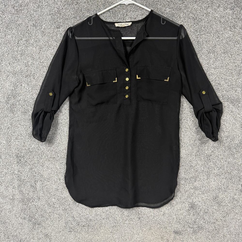 Wishful Park Tunic Blouse Womens Small Black Sheer Chiffon Henley Roll Tab Boho